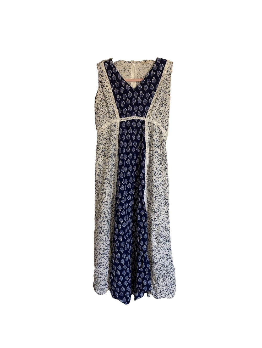 Kings Road Blue White Floral Maxi Dress V-Neck Crochet Trim Sleeveless Zip XS